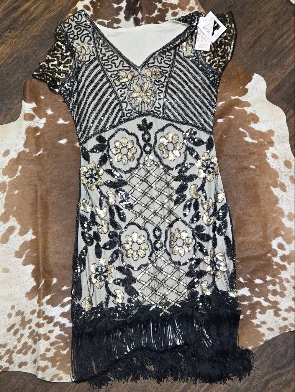 Embellished Black & Gold Fringe Cocktail Dress